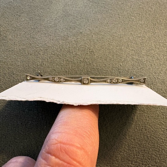 Vintage Art Deco Diamond Bar Rhinestone Sterling Silver Brooch Lapel Pin - Picture 2 of 8